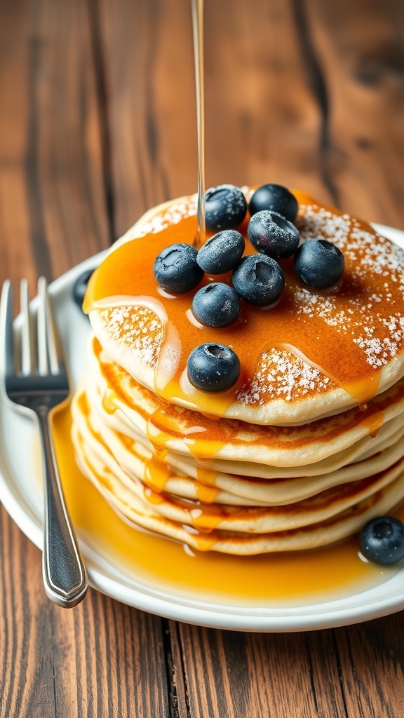 Fluffy Blueberry Pancakes Recipe Fluffy blueberry pancakes stacked high, topped with syrup and fresh blueberries on a rustic table.